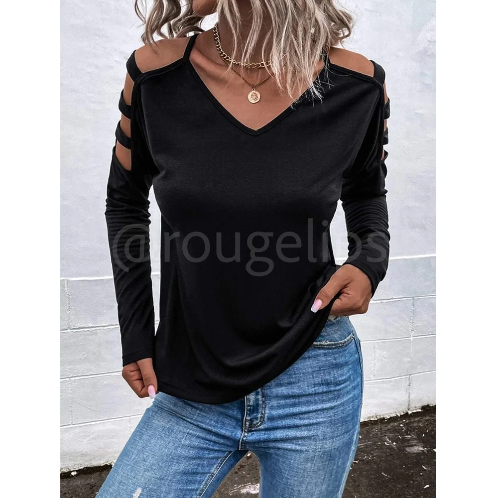 Strappy Cold Shoulder Black Long Sleeve Tee Shirt V-Neck - Picture 2 of 8